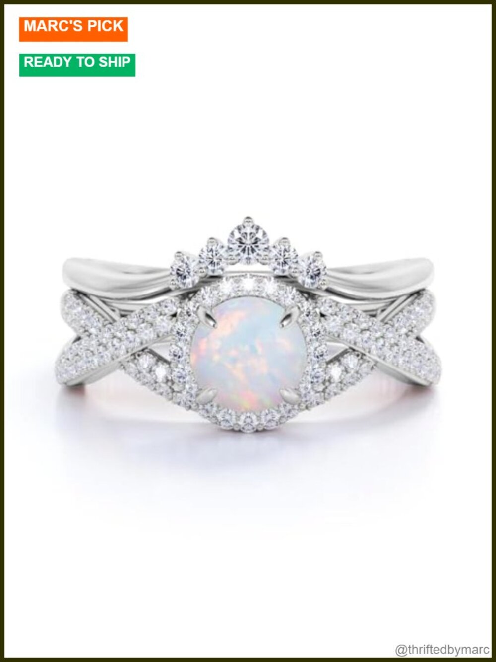 S925 Sterling Silver Opal Wedding Ring Set with Moissanite Halo and Crown